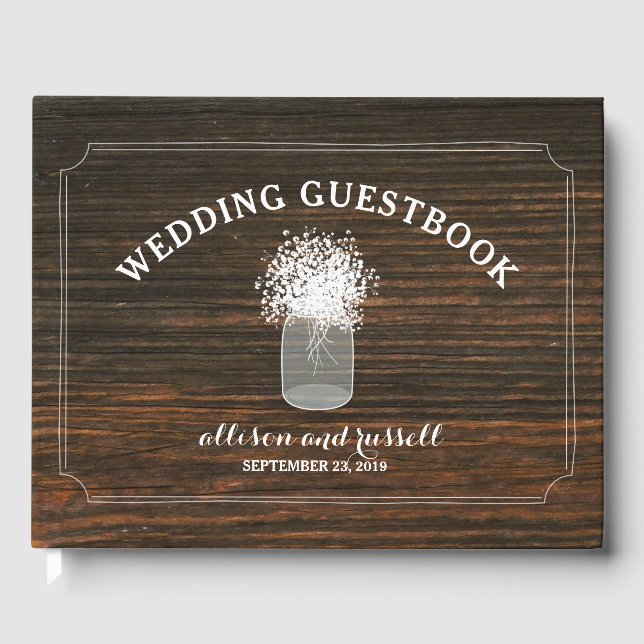 Barn Wood + Baby's Breath Jar Wedding Guestbook (Front)