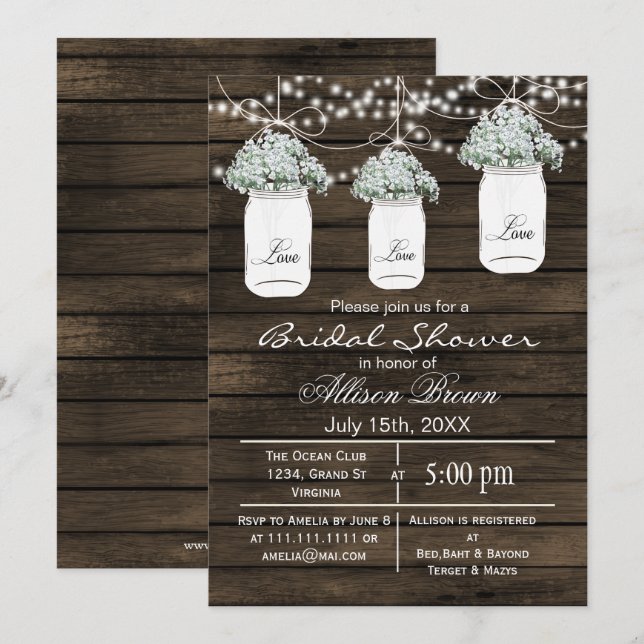 Barn wood babys Breath mason jarsbridal shower Invitation (Front/Back)