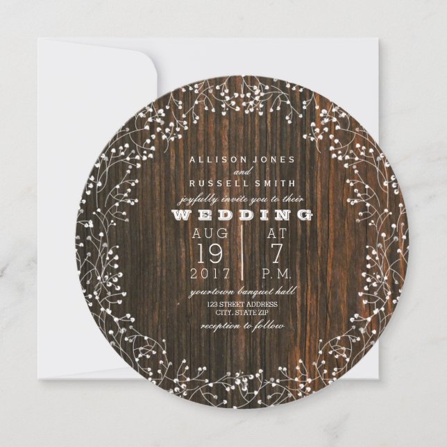 Barn Wood + Baby's Breath Round Wedding Invitation (Front)