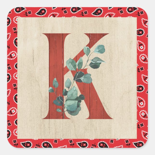 Barn Wood & Bandanna Letter K  Square Sticker (Front)