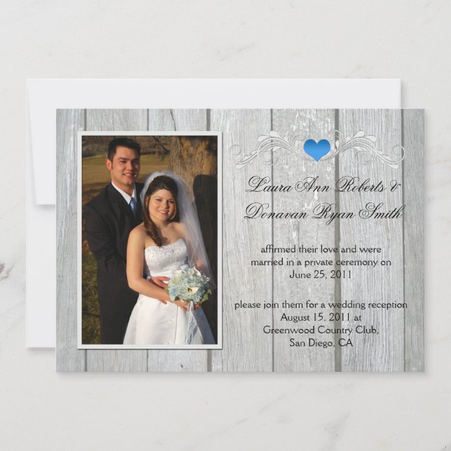 Barn Wood Blue Heart Photo After Wedding Invitation (Front)