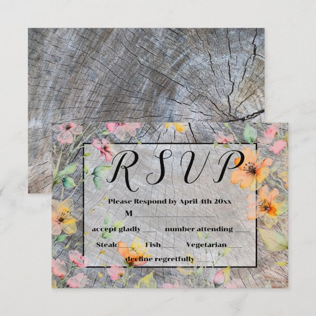  Barn-wood botanical pink orange wildflowers RSVP Card (Front/Back)