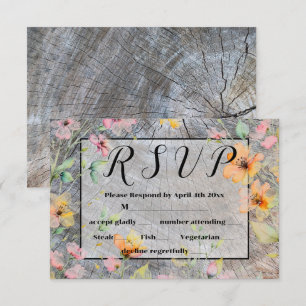 Barn-wood botanical pink orange wildflowers RSVP Card