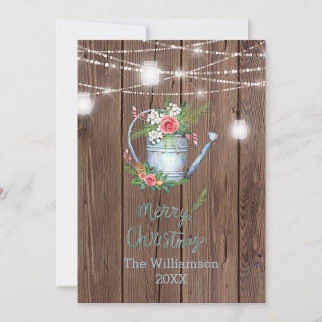 Barn Wood Brush Script  Merry Christmas Floral  Holiday Card (Front)