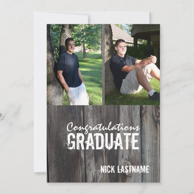Barn Wood Country Grad Twin Photo Invitation (Front)