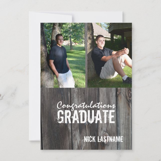 Barn Wood Country Grad Twin Photo Invitation (Front)