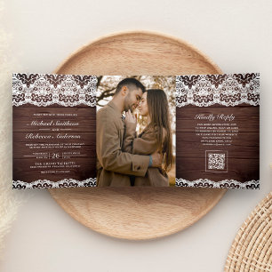 Barn Wood Country Lace QR Code Photo Wedding Tri-Fold Invitation
