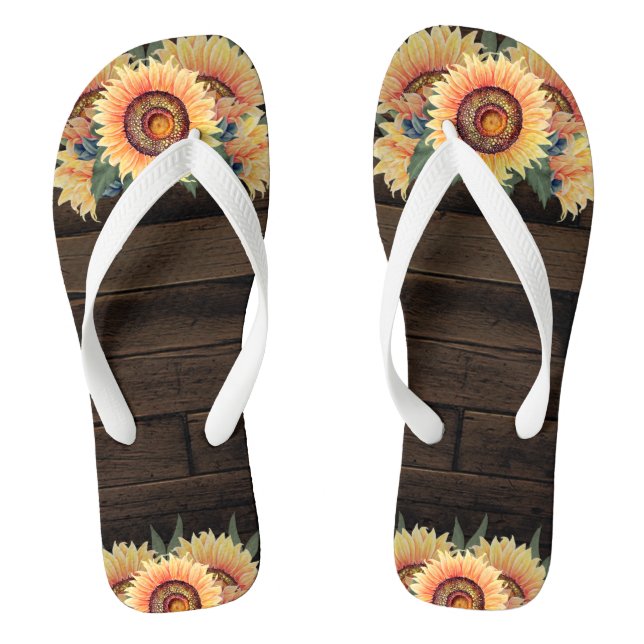 Barn Wood Country Rustic Mason Jar Sunflower Flip Flops (Footbed)