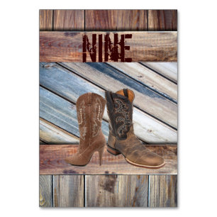 barn wood Cowboy Boots Western country Wedding Table Number