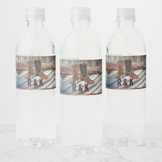 barn wood Cowboy Boots Western country Wedding Water Bottle Label