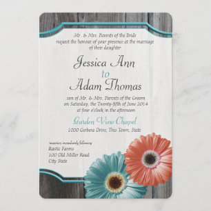 Barn Wood Daisy Coral and Aqua Invitation