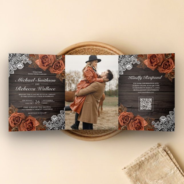 Barn Wood Dusty Terracotta Rose QR Code Wedding Tri-Fold Invitation (Creator Uploaded)