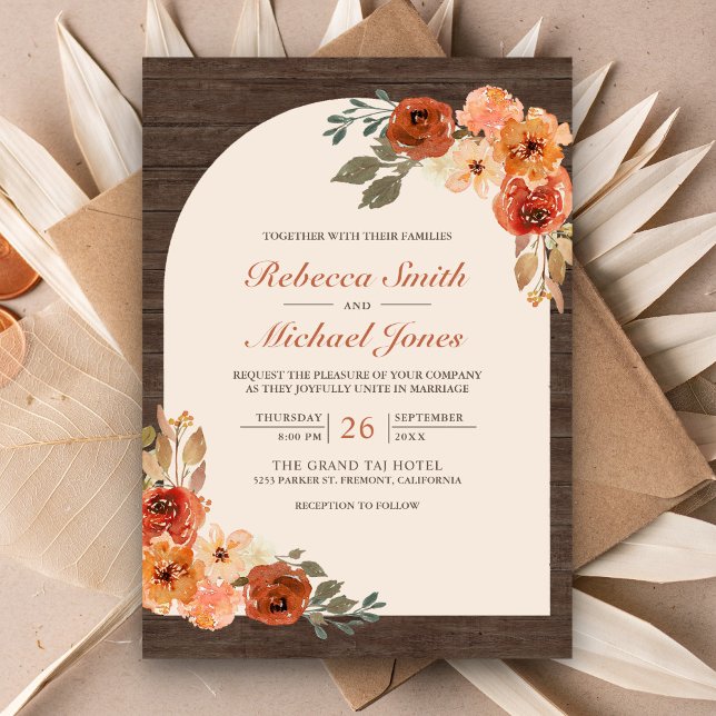 Barn Wood Earthy Burnt Orange Floral Arch Wedding Invitation (Creator Uploaded)
