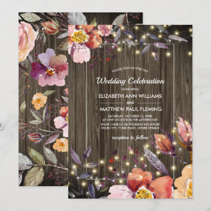 Barn Wood   Fall Flowers   Light Strings Wedding Invitation