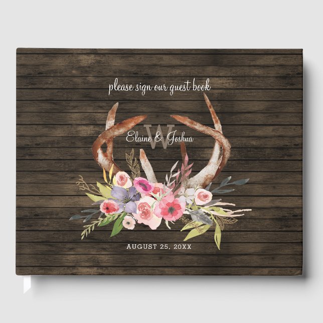 barn wood floral antler rustic wedding Guest Book (Front)