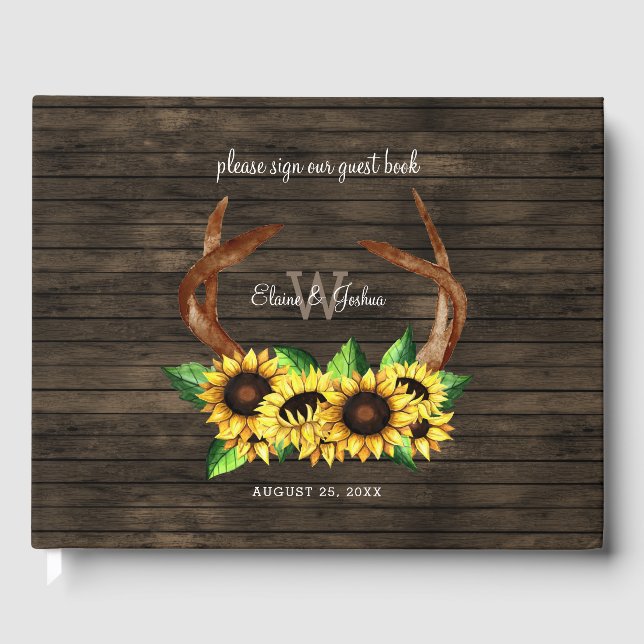 barn wood floral sunflowers antler rustic wedding guest book (Front)