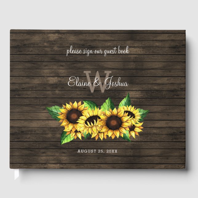 barn wood floral sunflowers rustic wedding guest book (Front)