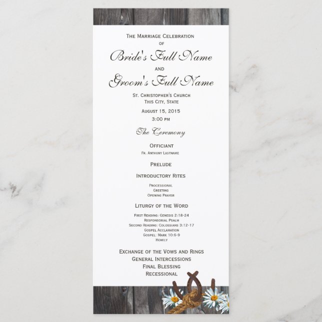Barn Wood Horseshoes and Daisy Wedding Program Programme (Front)