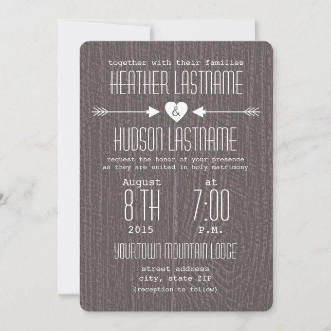 Barn Wood Inspired Arrows + Heart Rustic White Invitation (Front)