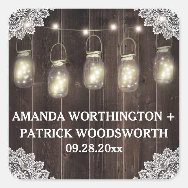 Barn Wood Lace Mason Jar Wedding Favour Stickers (Front)