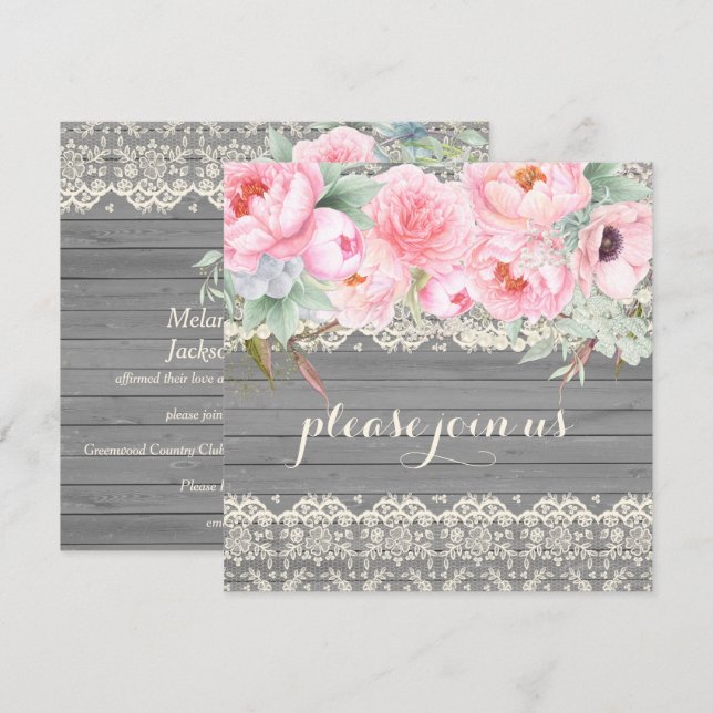 Barn Wood Lace Peonies Anemones Watercolor Invitation (Front/Back)