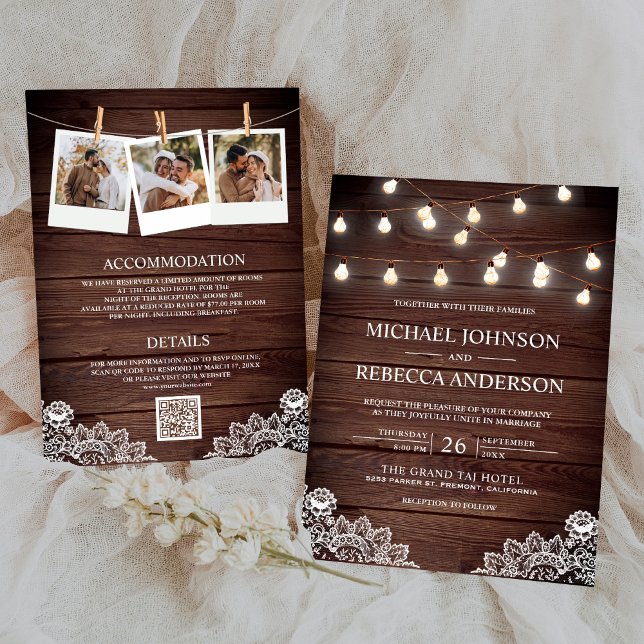 Barn Wood Lace String Lights Photo QR Code Wedding Invitation (Creator Uploaded)