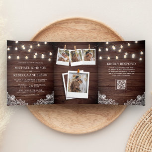 Barn Wood Lace String Lights Photo QR Code Wedding Tri-Fold Invitation