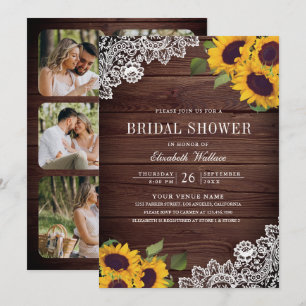Barn Wood Lace Sunflower Photo Bridal Shower Invitation