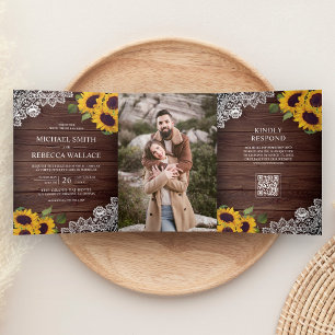 Barn Wood Lace Sunflower Photo QR Code Wedding Tri-Fold Invitation