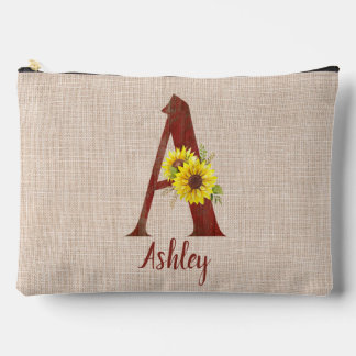 Barn Wood Letter A & Sunflowers Personalised  Accessory Pouch