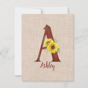 Barn Wood Letter A & Sunflowers Personalised  Card