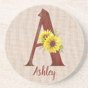 Barn Wood Letter A & Sunflowers Personalised Coaster