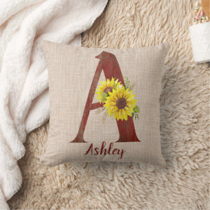 Barn Wood Letter A & Sunflowers Personalised  Cushion