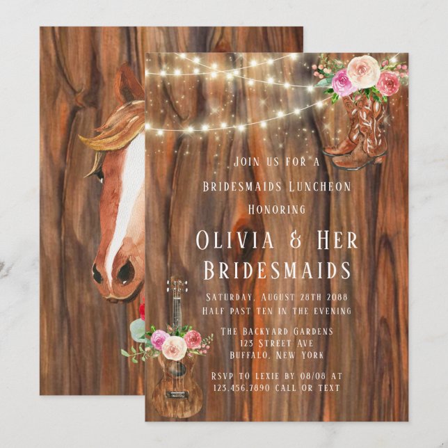 Barn Wood Lights Boots Bridesmaids Luncheon  Invitation (Front/Back)