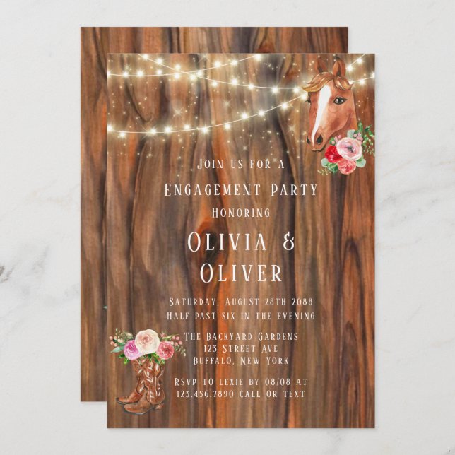Barn Wood Lights Boots Horse Engagement Party Invitation (Front/Back)