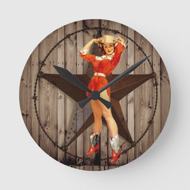 Barn wood Lone Star western country Cowgirl Round Clock (Front)