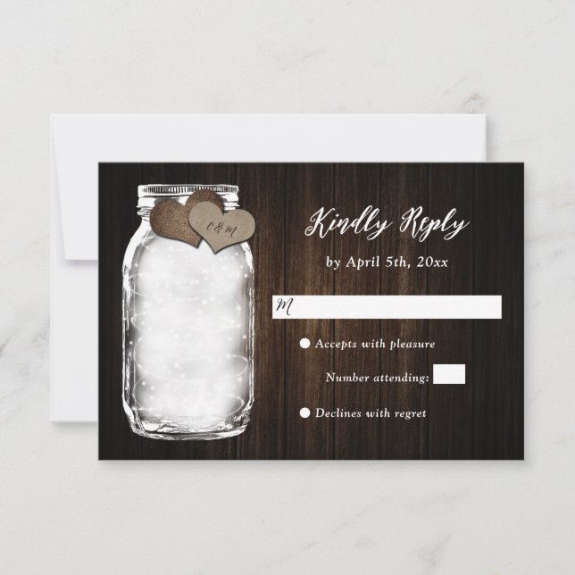 Barn Wood Mason Jar Lights Wedding RSVP Card (Front)