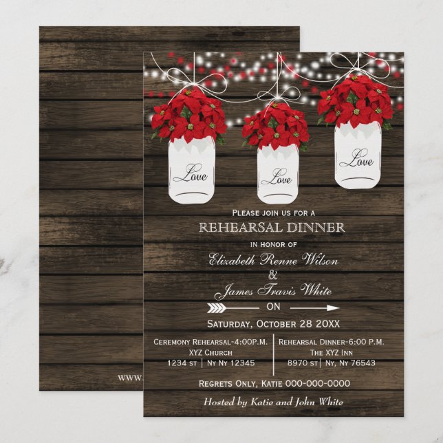 Barn wood mason jar poinsettias rehearsal dinner invitation (Front/Back)