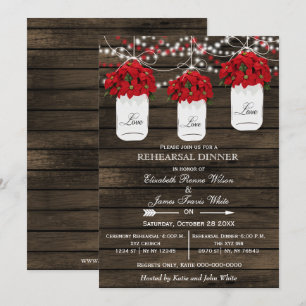 Barn wood mason jar poinsettias rehearsal dinner invitation