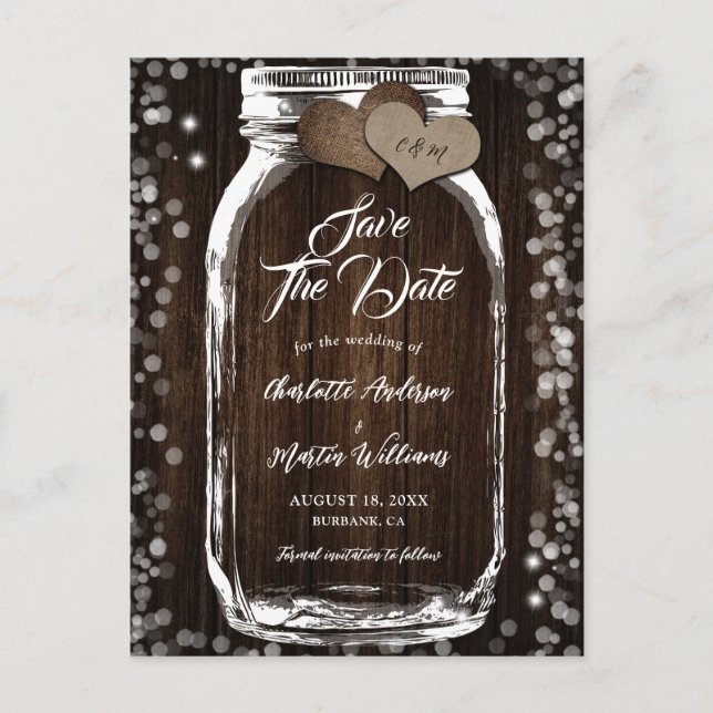 Barn Wood Mason Jar Rustic Country Wedding Announcement Postcard (Front)