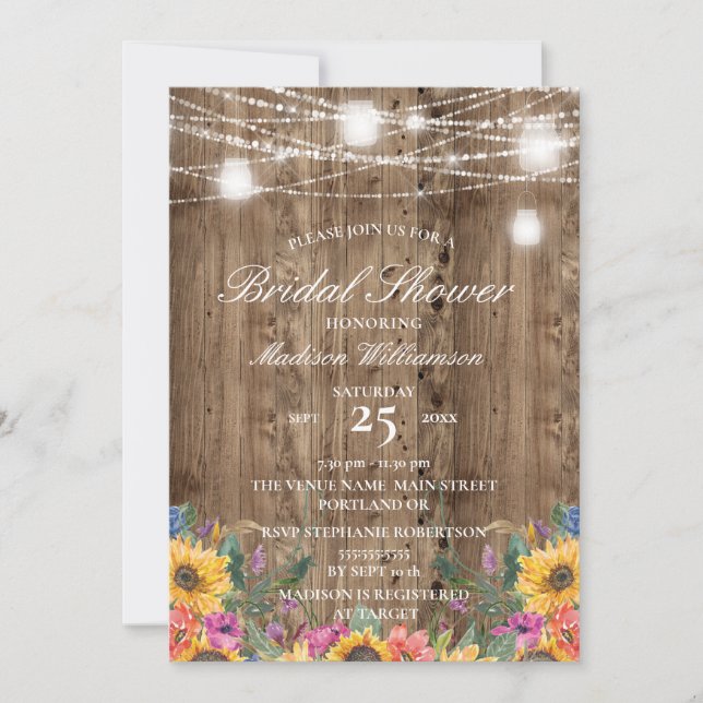 Barn Wood Mason Jar  & Sunflower Bridal Shower Invitation (Front)