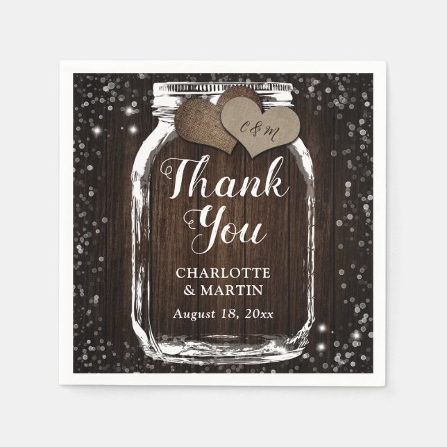 Barn Wood Mason Jar Two Hearts Thank You Wedding Napkin (Front)
