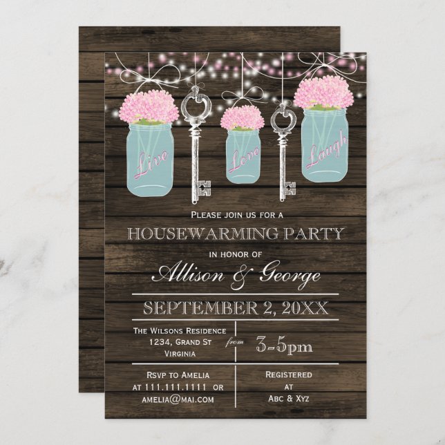 Barn wood mason jars keys rustic housewarming invitation (Front/Back)