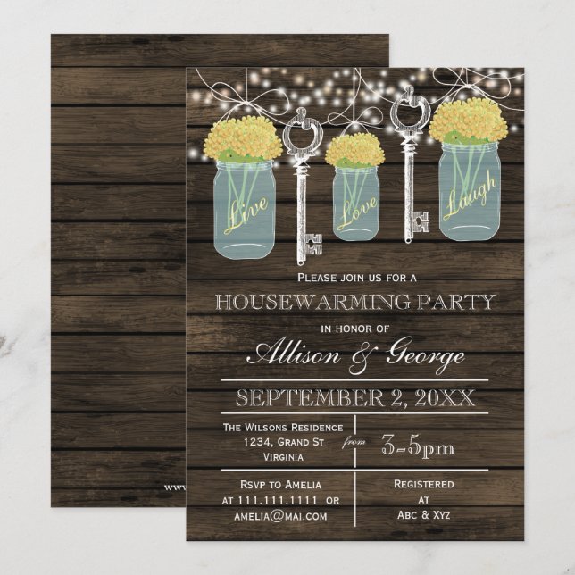 Barn wood mason jars keys rustic housewarming invitation (Front/Back)