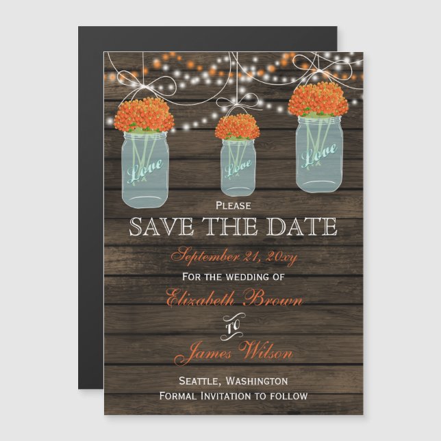 Barn wood mason jars orange flowers save the date magnetic invitation (Front/Back)