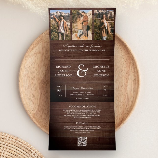 Barn Wood Minimal Photo Collage QR Code Wedding Tri-Fold Invitation (Creator Uploaded)