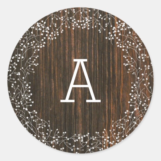 Barn Wood Monogrammed Baby's Breath Wedding Classic Round Sticker (Front)