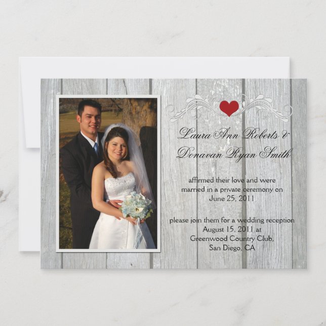 Barn Wood Photo Red Heart After Wedding Invitation (Front)