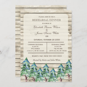 Barn wood pine trees winter rehearsal dinner invitation