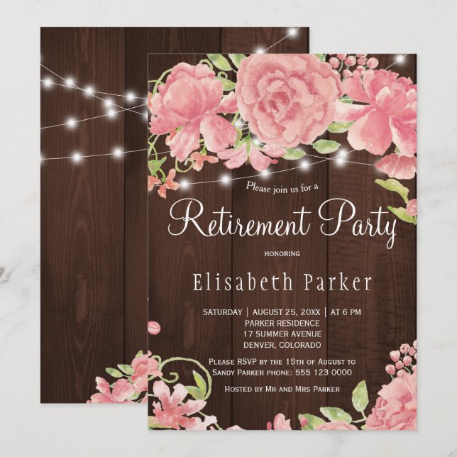 Barn wood pink blush rose peonies retirement party invitation (Front/Back)